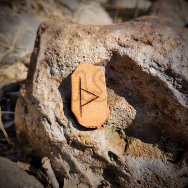 A leather tile bearing the burned image of Thurisaz on it, resting on the face of a large rock.