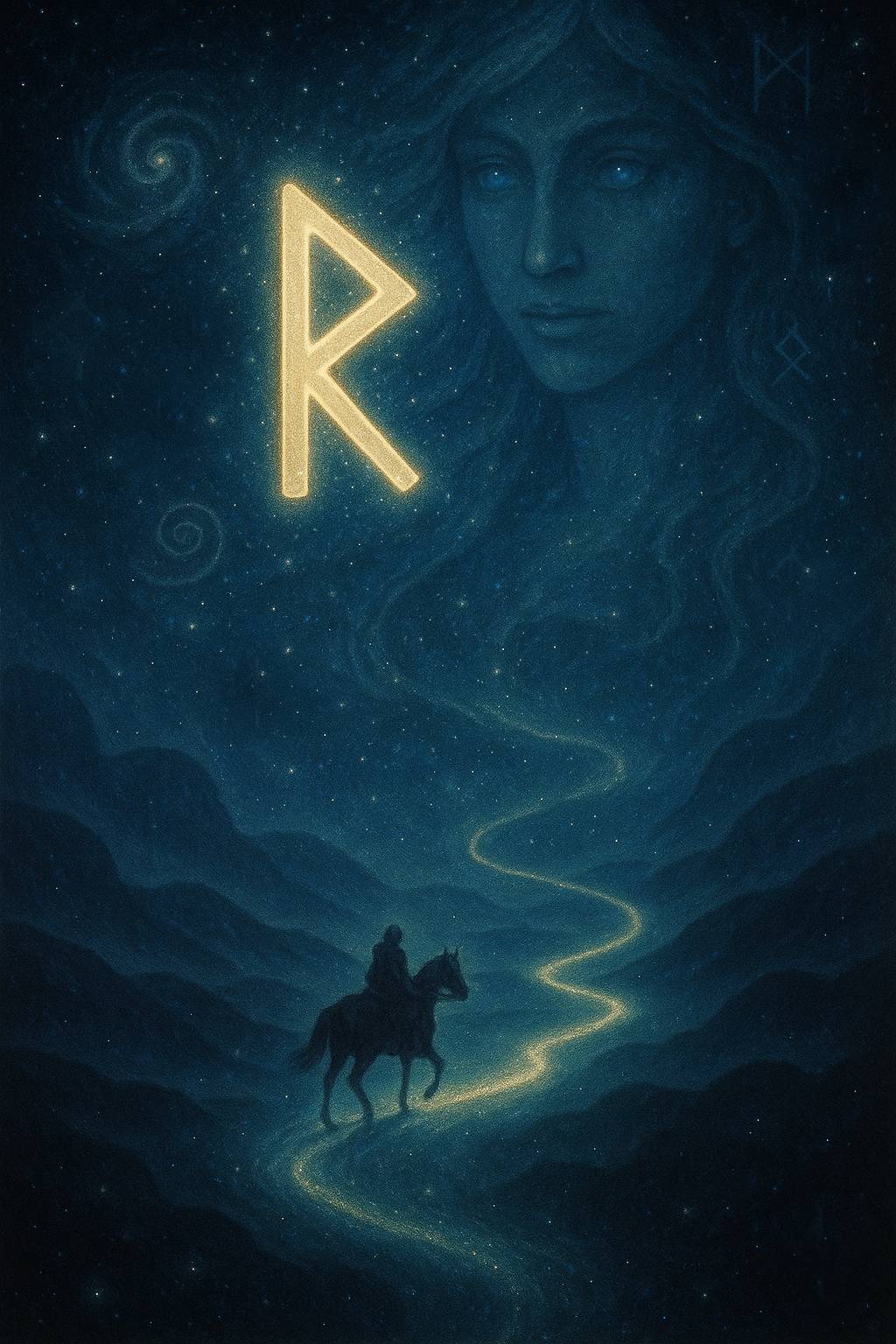 A lone rider follows a winding path into the hills, on a starry night. Above him, the rune Raidho glows beside a giant woman's face, gazing down on his progress.