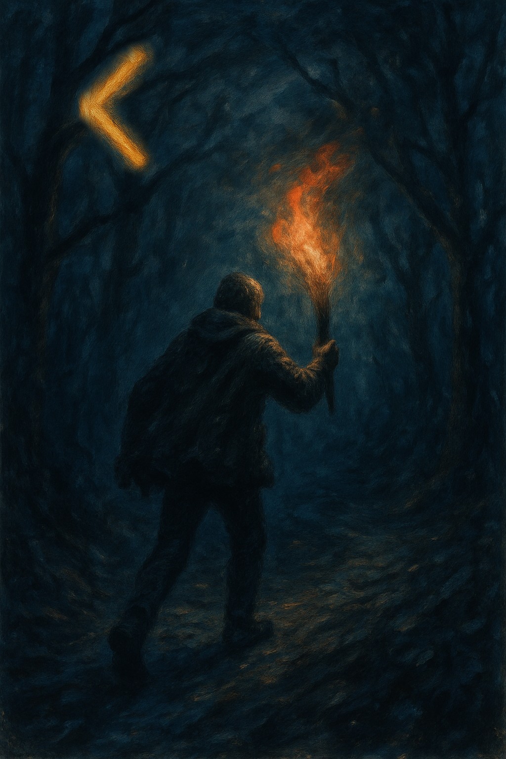 A traveler plunges into the night among barren trees, holding a torch aloft to find his path. The rune Kenaz burns above him.