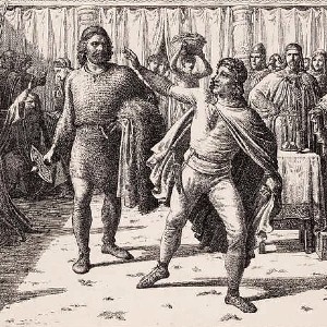 A colored lithograph depicting Loki confronting the gods in the Lokasenna, from the British Museum's archives.