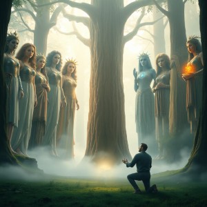 A tiny worshipper kneels in a glade, surrounded by a dozen statuesque giantesses regarding his worship