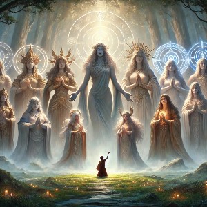 A tiny worshipper kneels and raises his arm in tribute to a host of thirteen magnificent giantesses, glowing in the woods