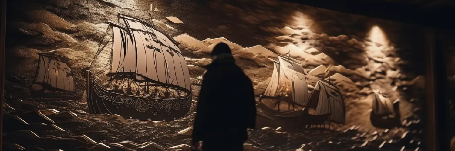 A shadowy man studies a highlighted mural of Viking ships in bas relief, in a museum