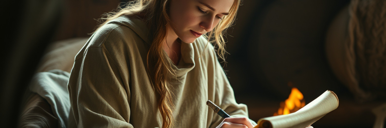 A lovely woman wearing a simple linen tunic hunkers down in her cottage to write her thoughts on a scroll