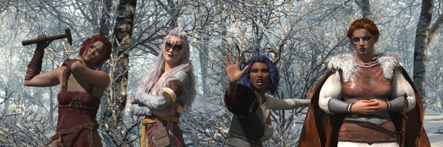 Four giantesses: a blacksmith, a handmaiden, a witch, and a warrior, rendered in Daz Studio.