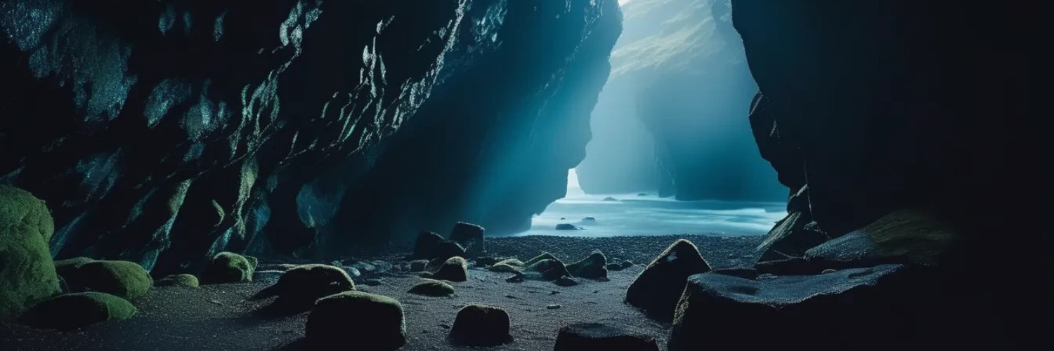 A shadowy cavern that opens onto a beach, showing more ocean and mountains in the distance