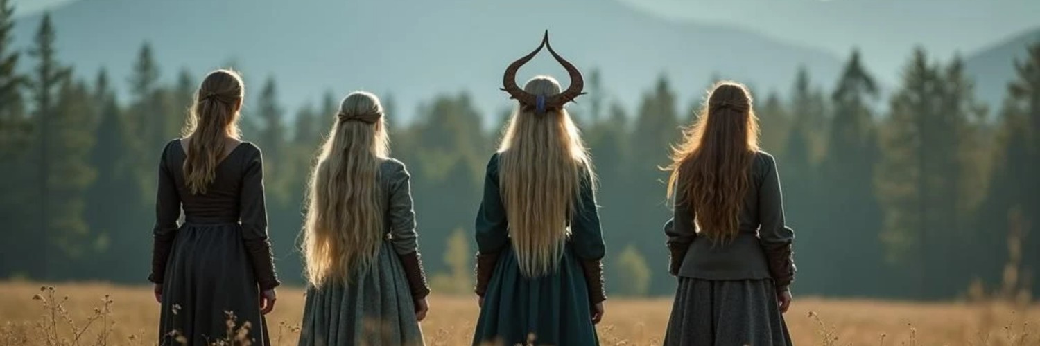 Four Scandinavian women in different outfits like robes or armor stand on a grassy hillside