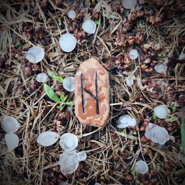 A leather tile with Hagalaz burned into it, lying on a grassy patch, surrounded by hailstones.